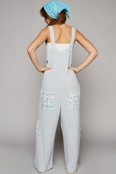 Phoebe Ribbed Floral Patch Overalls in Powder Blue