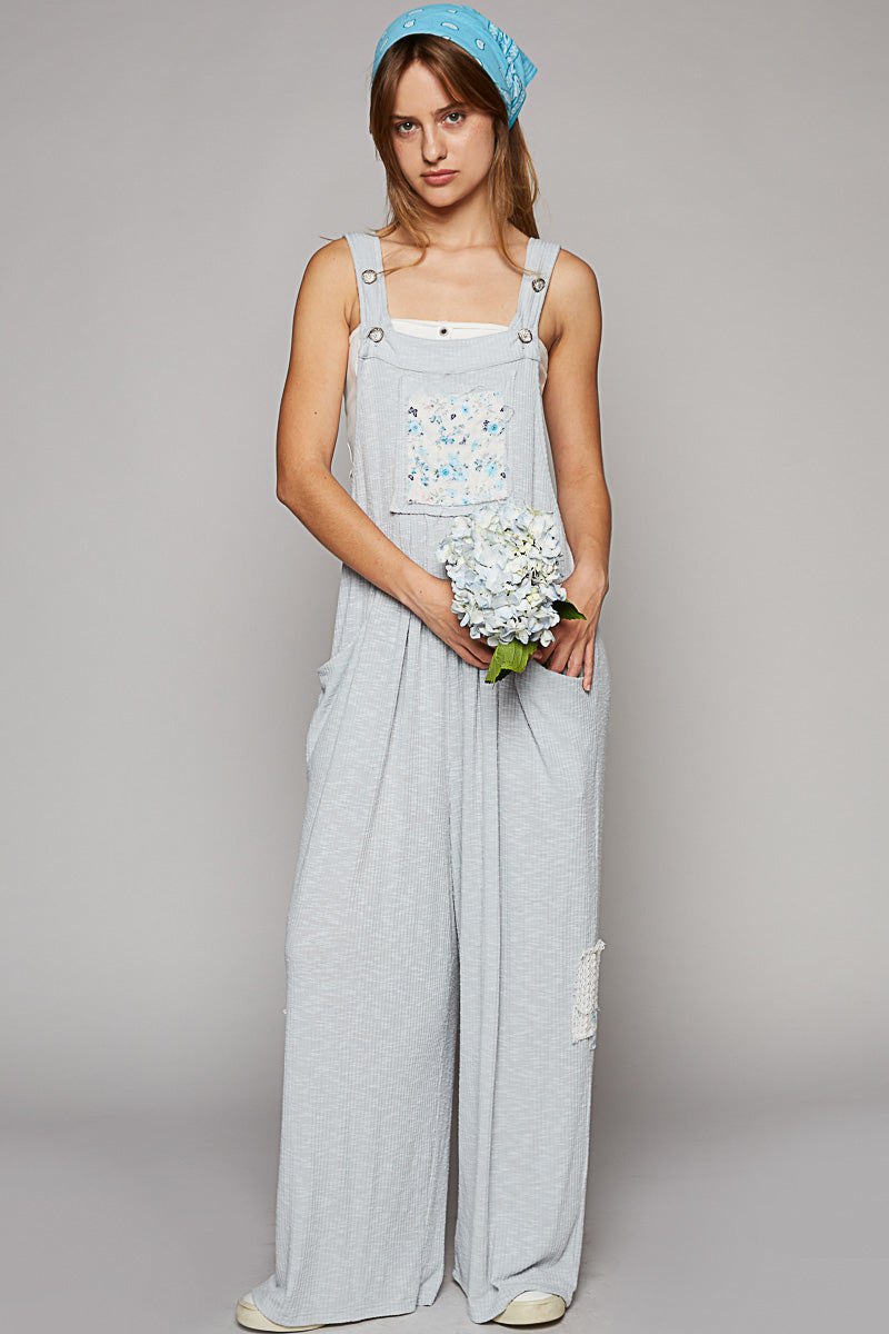 Phoebe Ribbed Floral Patch Overalls in Powder Blue