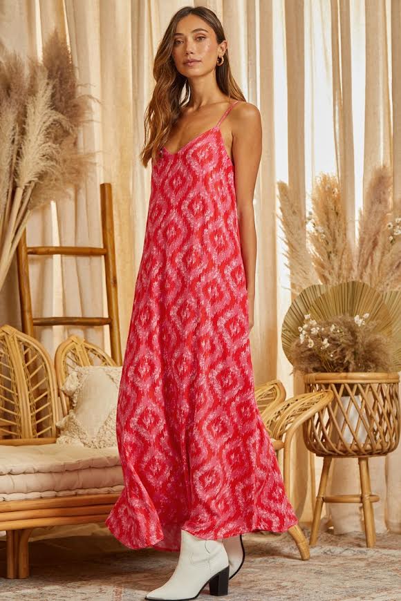 Sunshine Ave Aztec Maxi Dress in Red Pink