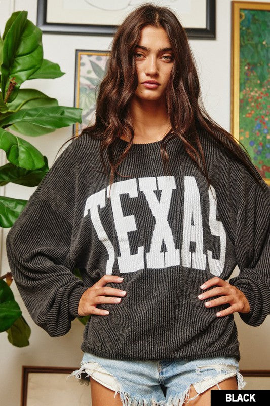 We Love Texas Ribbed Corded Long Sleeve Pullover in Black – Poppy