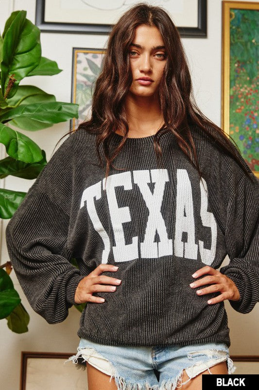 We Love Texas Ribbed Corded Long Sleeve Pullover in Black