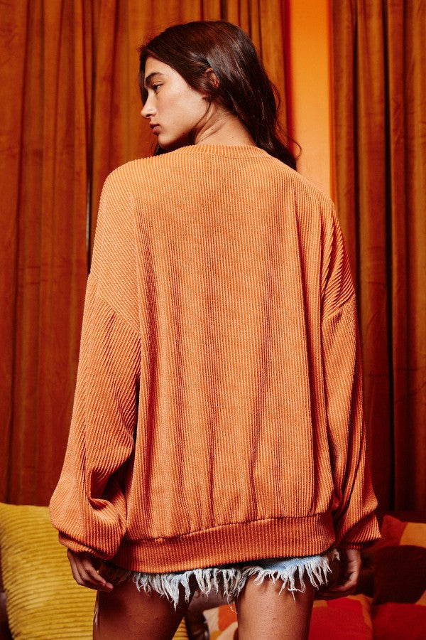 We Love Florida Ribbed Corded Long Sleeve Pullover in Spice