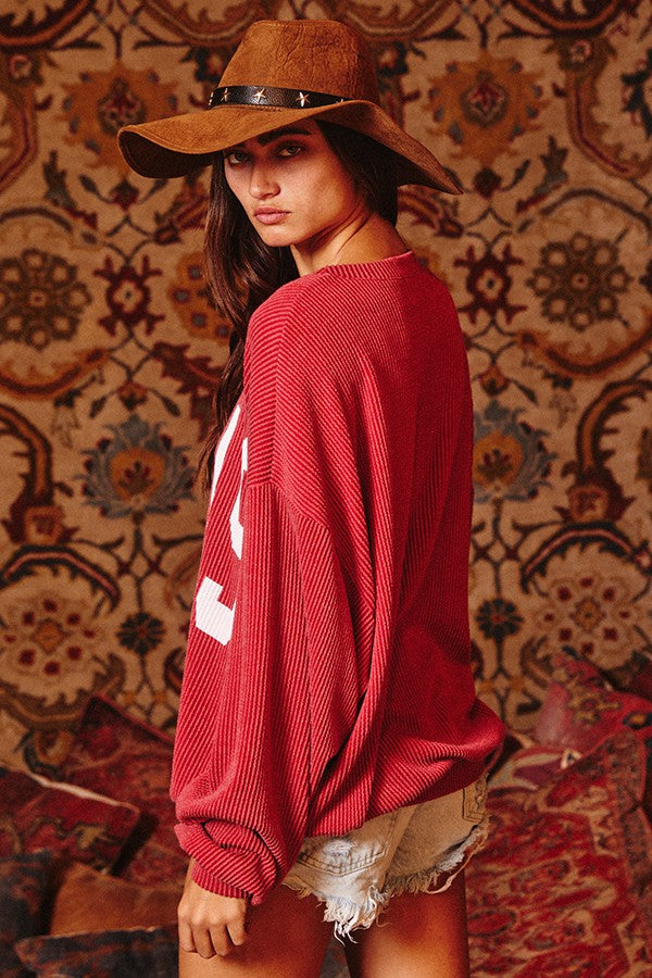 We Love Texas Ribbed Corded Long Sleeve Pullover in Burgundy