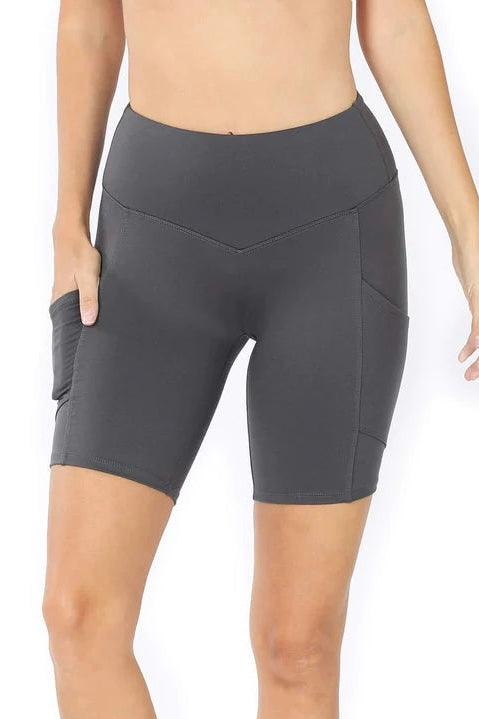 Tummy Control Biker Short with Cell Phone Pocket in Ash Grey