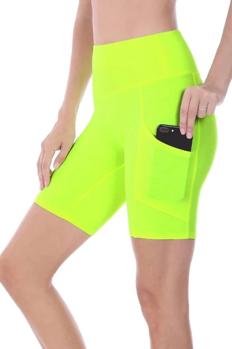 Tummy Control Biker Short with Cell Phone Pocket in Neon Lime
