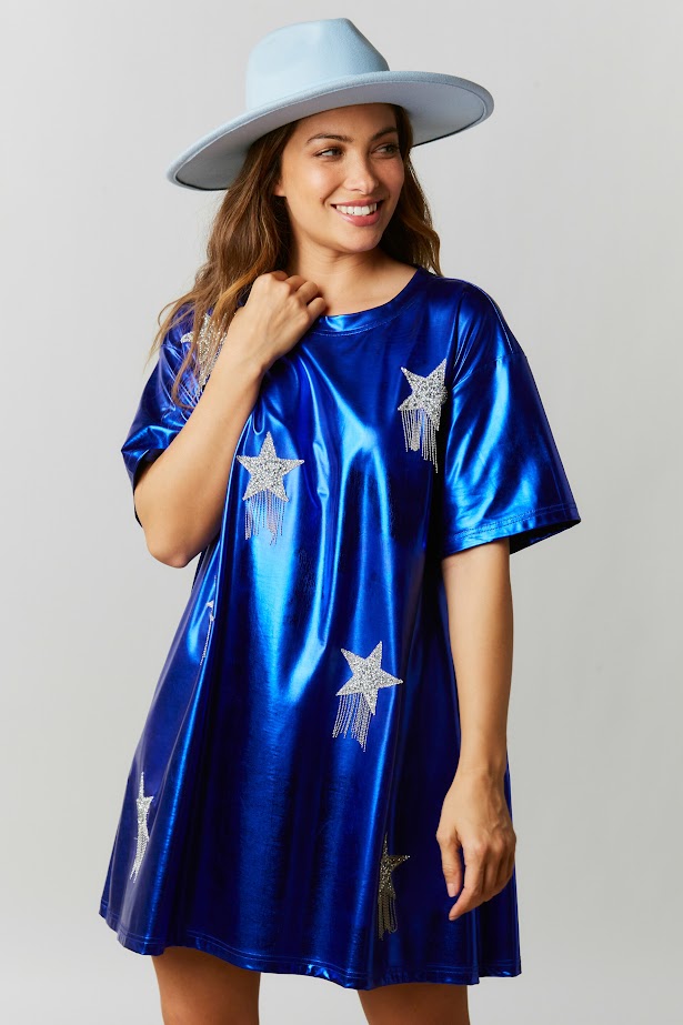 Count Your Lucky Stars Metallic Sequin Star Fringe Dress in Blue