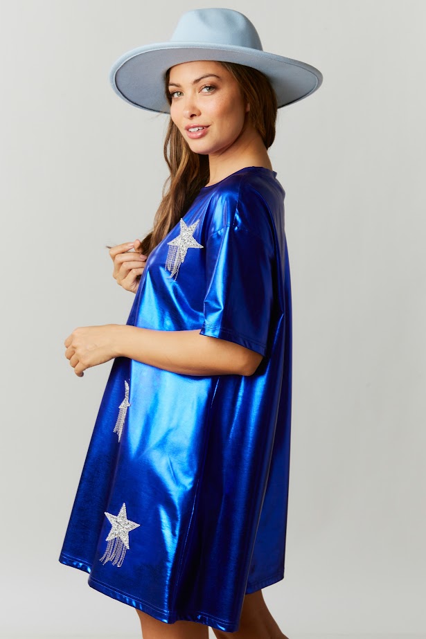 Count Your Lucky Stars Metallic Sequin Star Fringe Dress in Blue