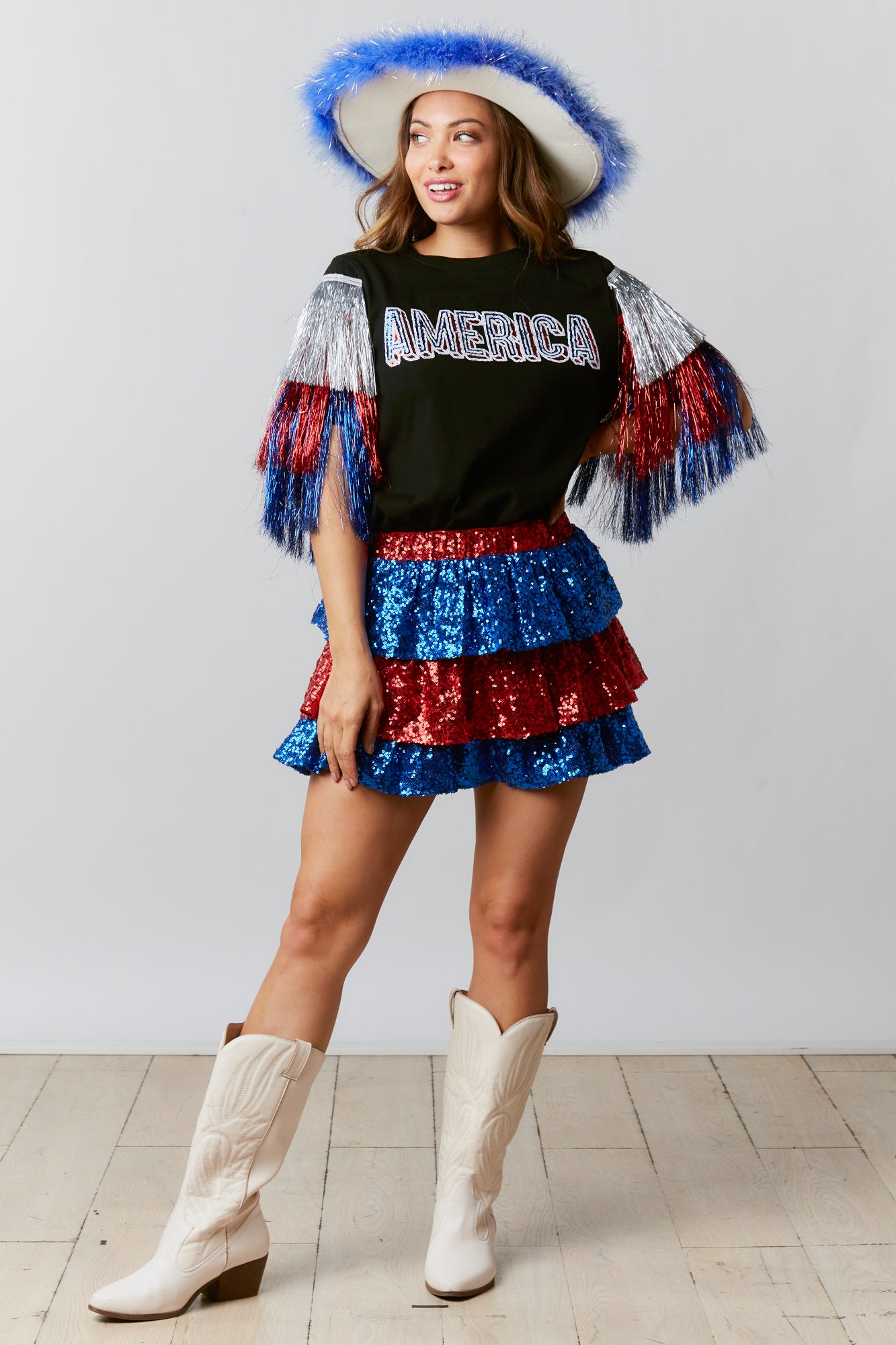 Red White and Blue Sequin Tiered Skort Skirt