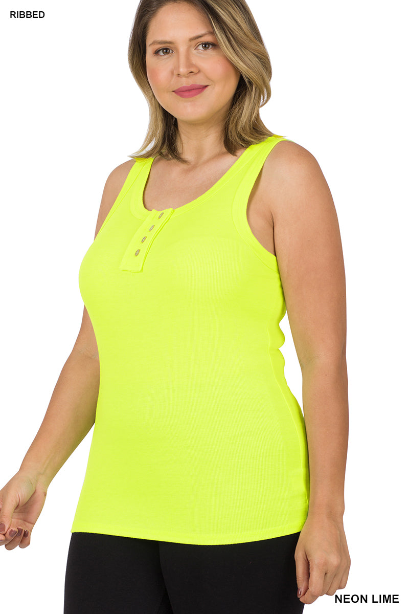 Hayden 2 Henley Tank with Button Detail in Neon Lime