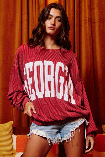 We Love Georgia Ribbed Corded Long Sleeve Pullover in Red