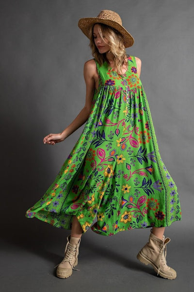 Florally Yours Floral Print Sleeveless Wide Leg Jumpsuit in Pear Green