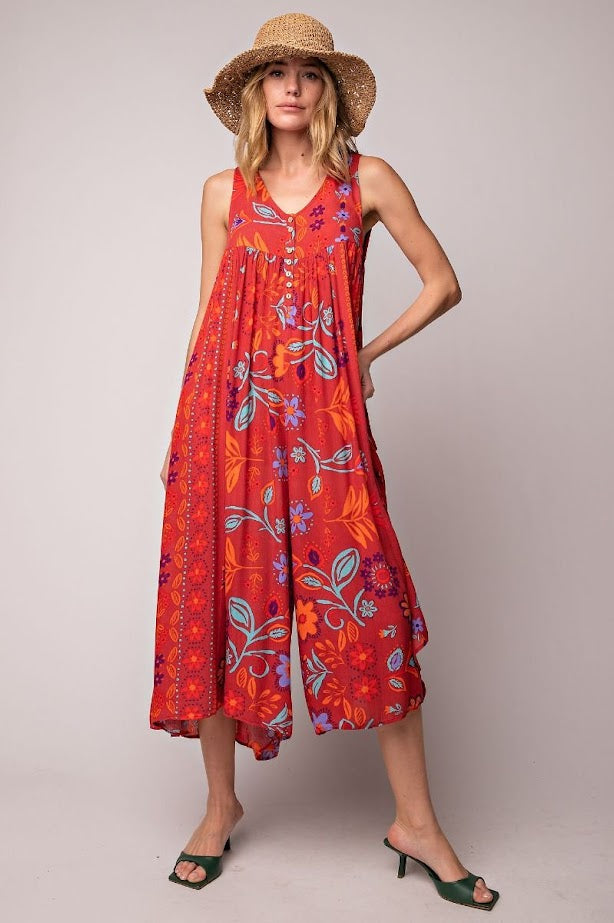 Florally Yours Floral Print Sleeveless Wide Leg Jumpsuit in Scarlett