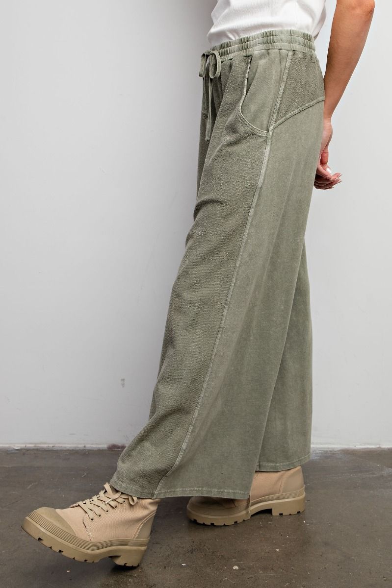 Inside Out Mineral Washed Terry Knit Wide Leg Pants in Faded Olive