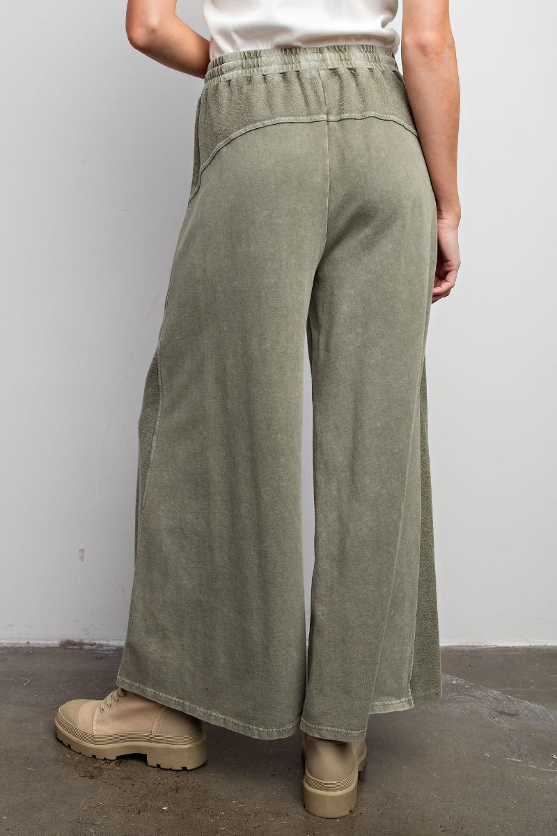 Inside Out Mineral Washed Terry Knit Wide Leg Pants in Faded Olive