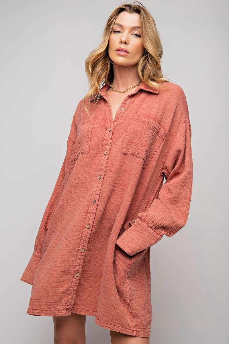 Long Time No See Cotton Mineral Washed Shirt Dress in Red Bean