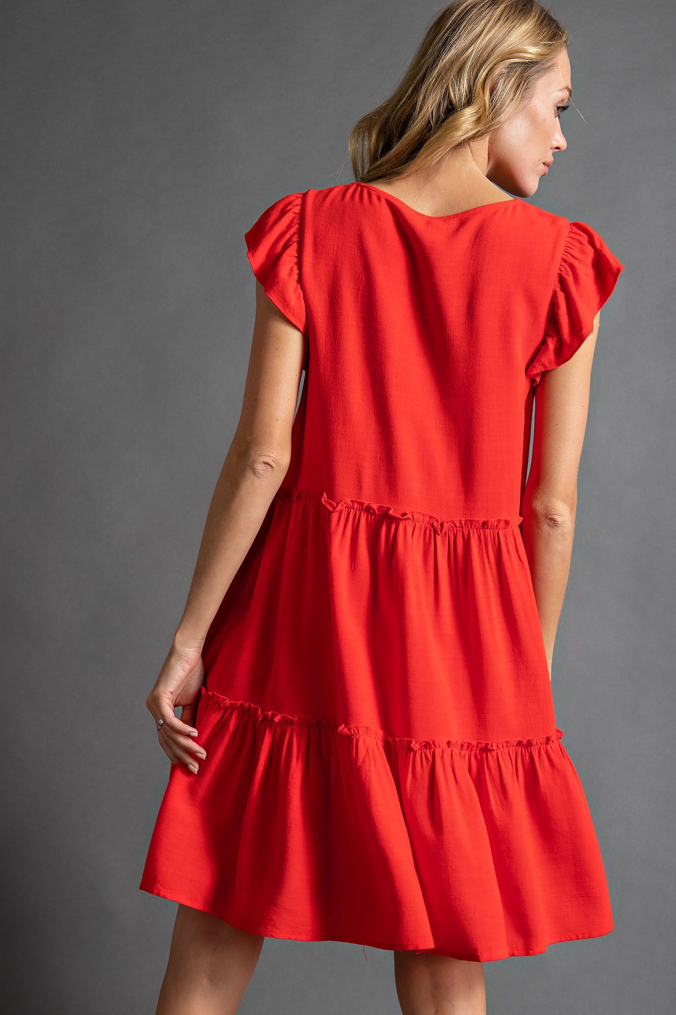 Love Poppy Linen Ruffled Tiered Dress in Vibrant Orange