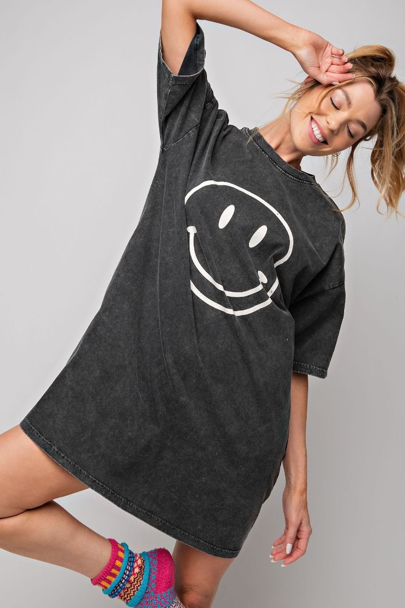 Don't Worry Be Happy Oversized Smiley Face Dress in Black