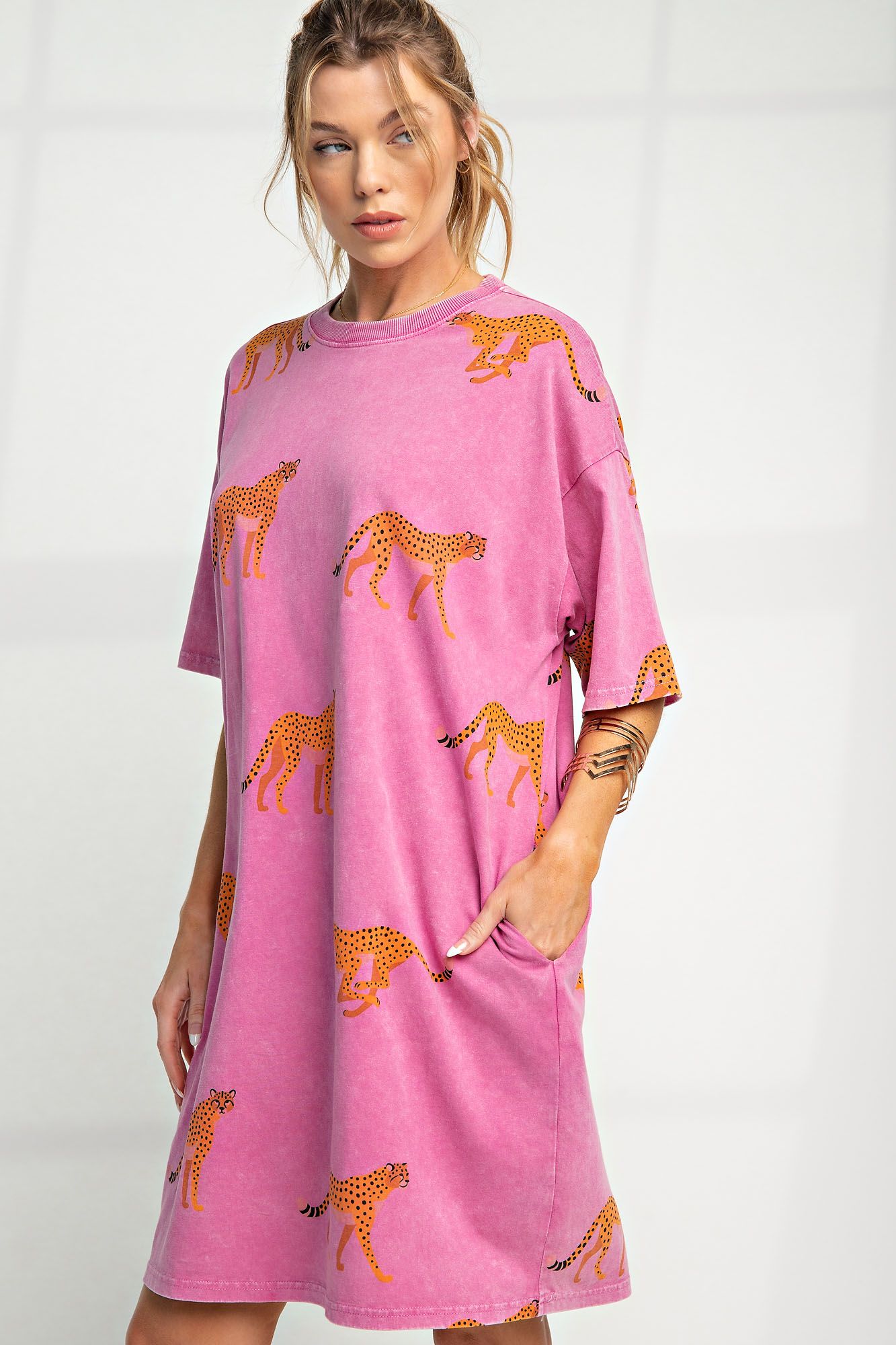 In the Wild Mineral Washed Cheetah Print T Shirt Dress in Magenta