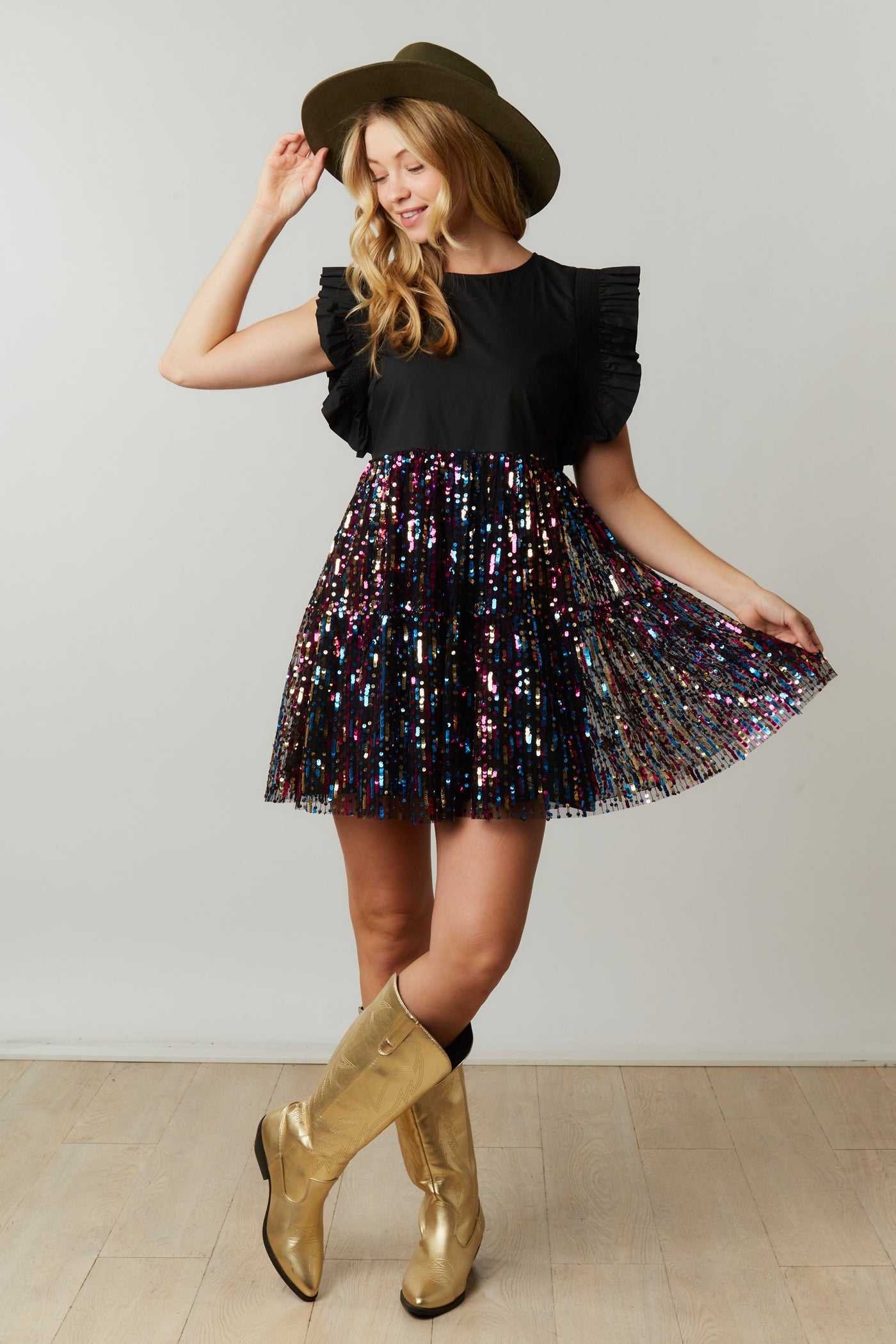 The Janet Dress in Black Rainbow Sequin