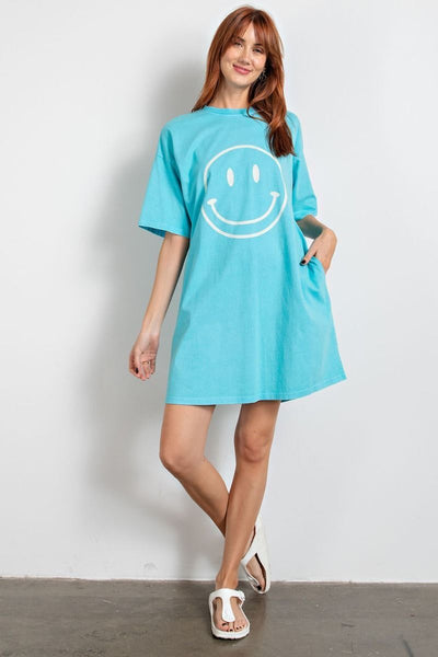 Don't Worry Be Happy Oversized Smiley Face Dress in Turquoise