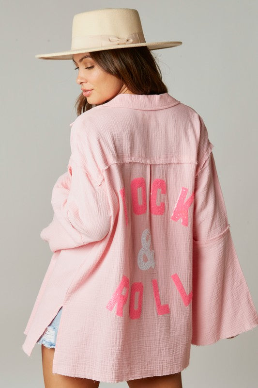 Rock & Roll Sequin Patch Oversized Shirt in Pink