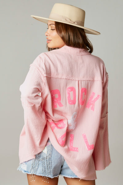 Rock & Roll Sequin Patch Oversized Shirt in Pink