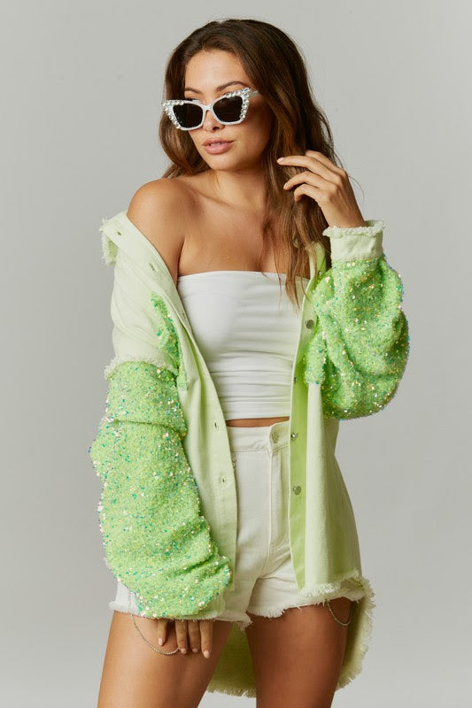 Tequila Lime Oversized Twill and Sequin Shacket in Lime Green