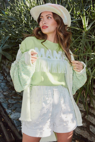 Tequila Lime Oversized Twill and Sequin Shacket in Lime Green