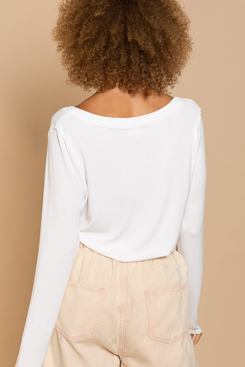 Never Late V-Neck Button Down Long Sleeve Top in Off White