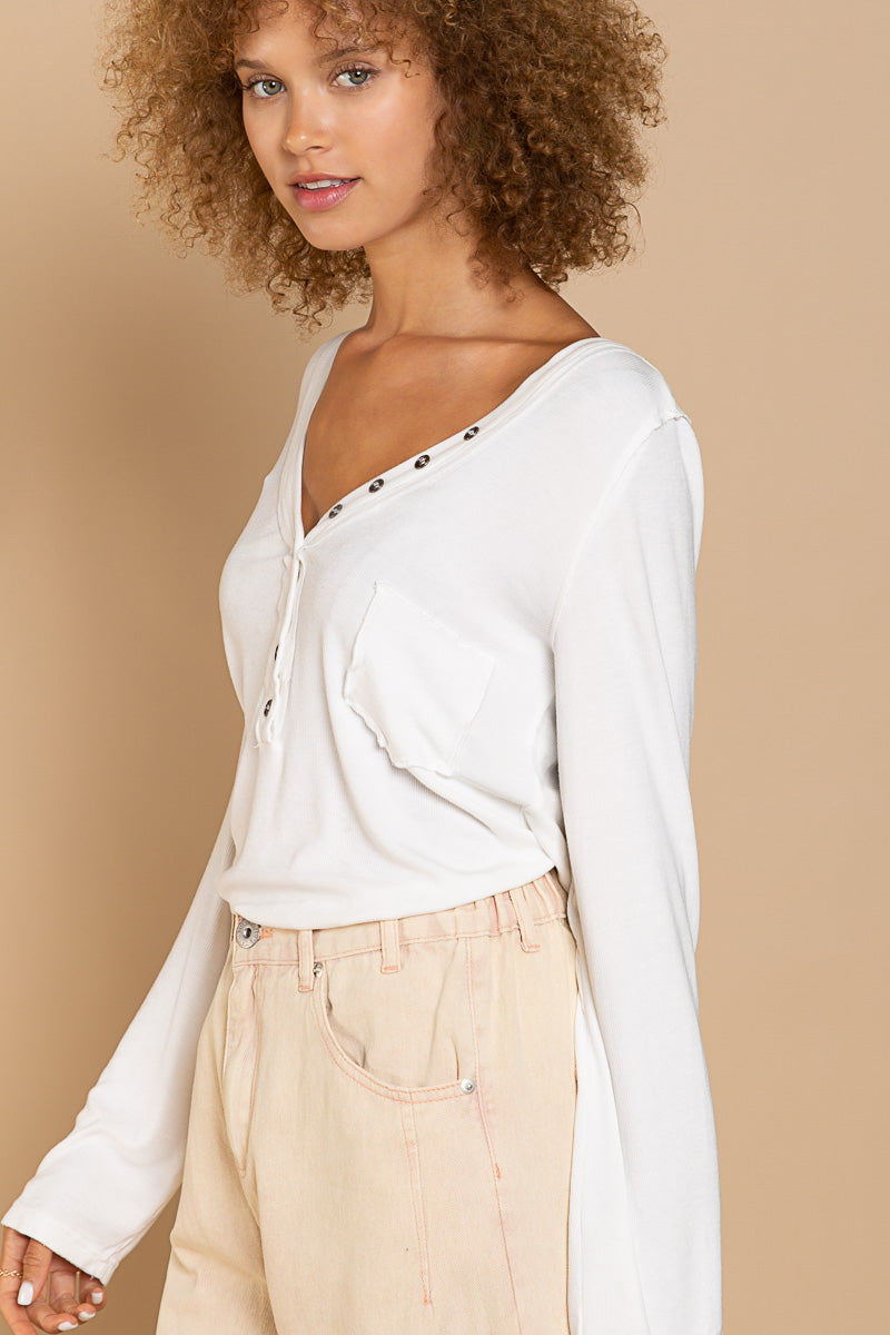 Never Late V-Neck Button Down Long Sleeve Top in Off White