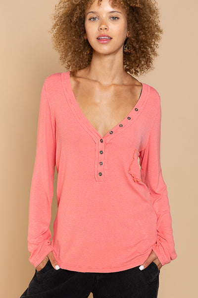 Never Late V-Neck Button Down Long Sleeve Top in Watermelon Pink