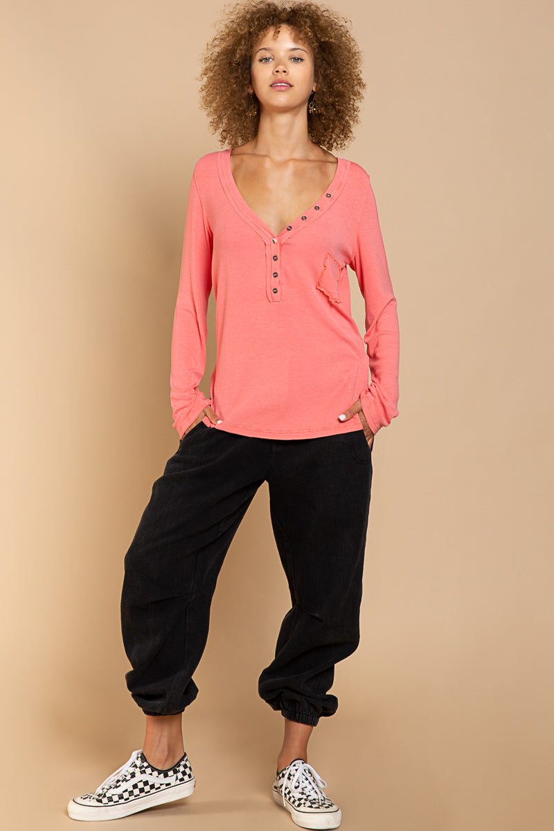 Never Late V-Neck Button Down Long Sleeve Top in Watermelon Pink