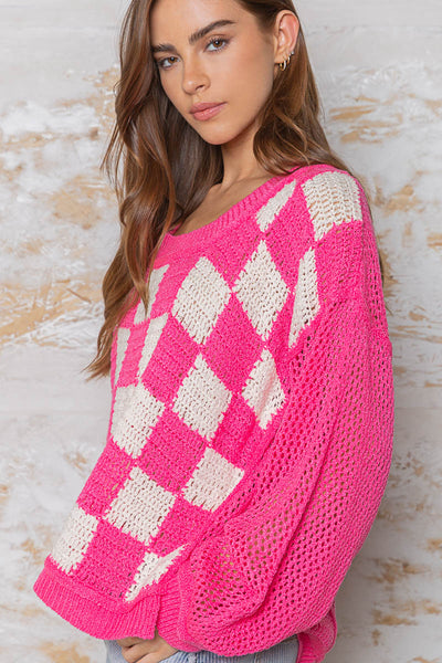 Catching Feelings Checkered Sweater in Pink/White
