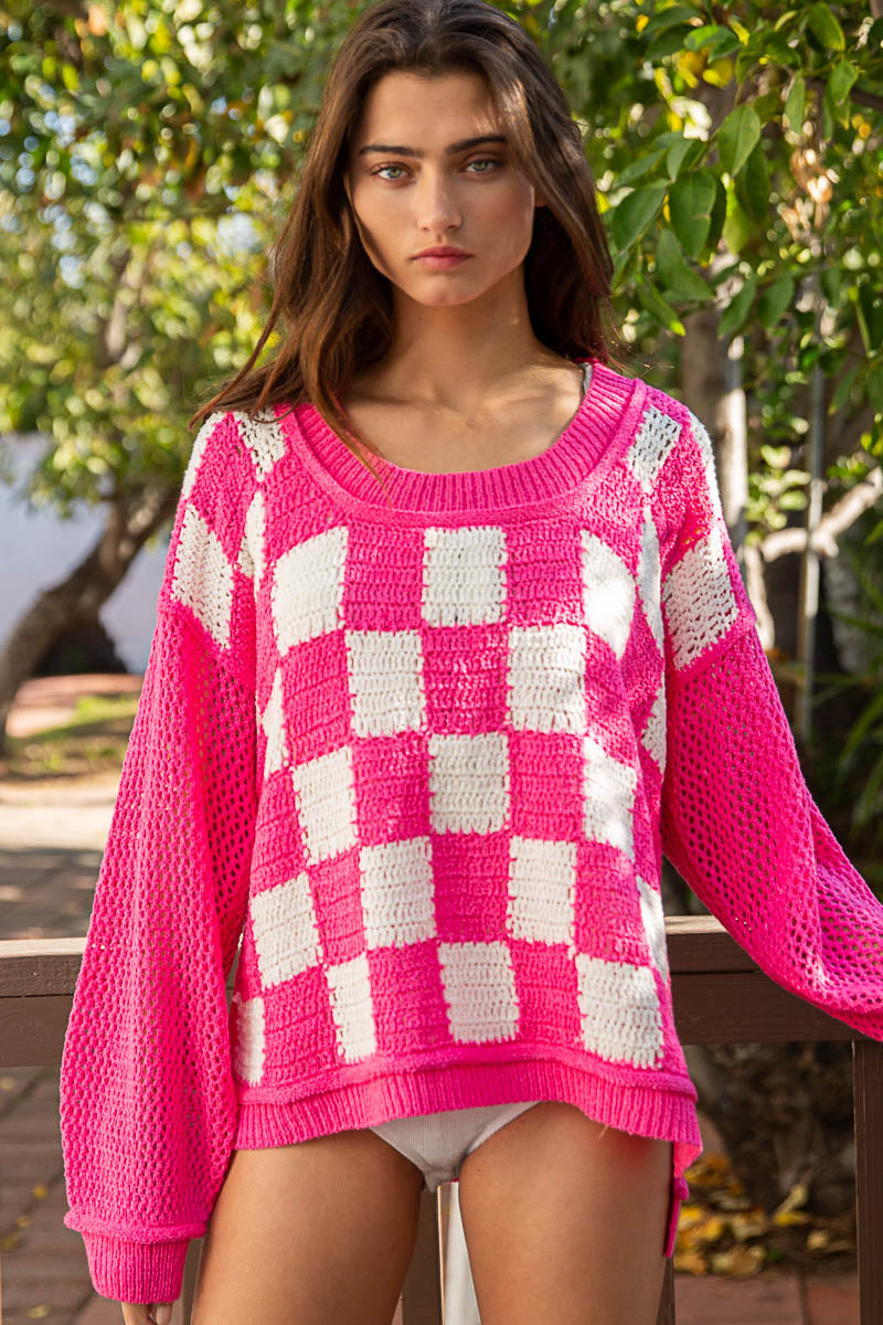 Catching Feelings Checkered Sweater in Pink/White