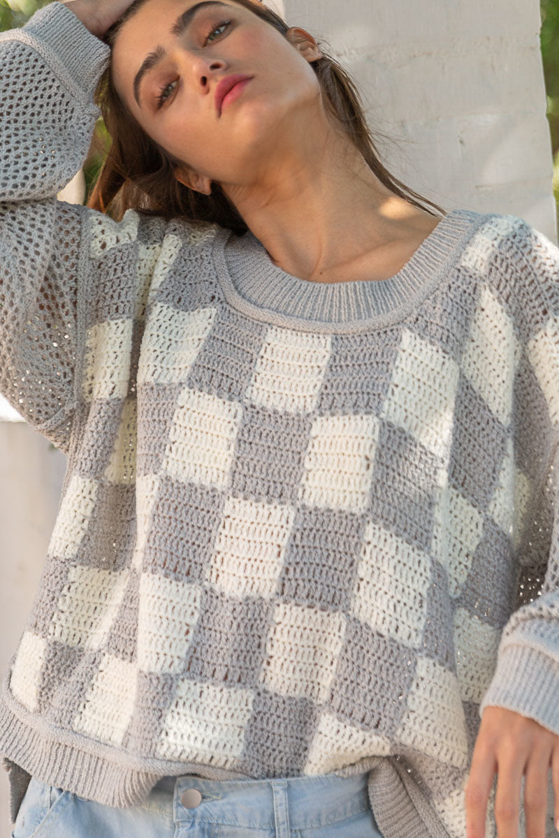 Catching Feelings Checkered Sweater in Grey/White