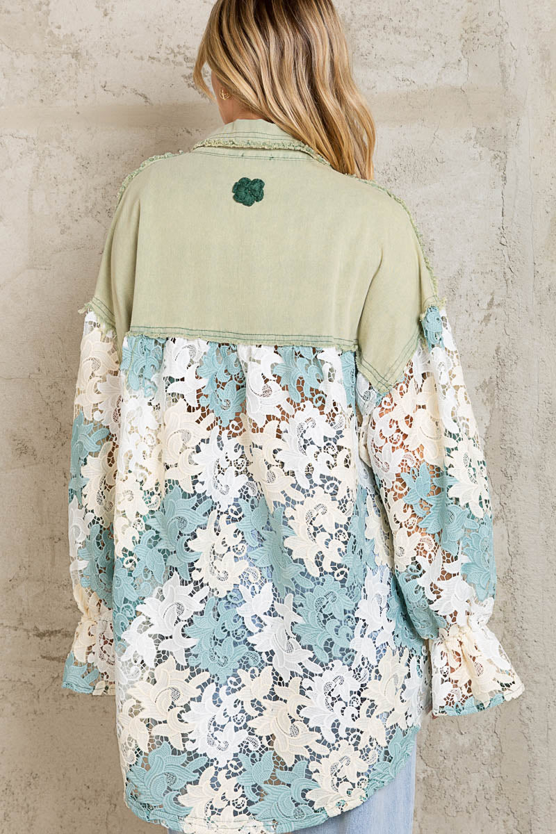In Full Bloom Contrast Crochet Lace Shacket in Sage