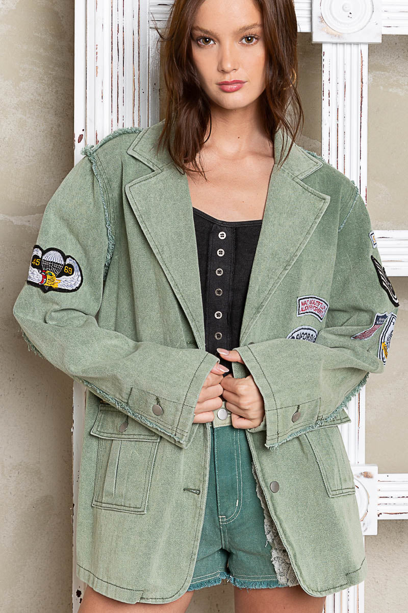 Kennedy Distressed Long Sleeve Military Jacket in Matcha