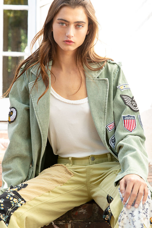 Kennedy Distressed Long Sleeve Military Jacket in Matcha