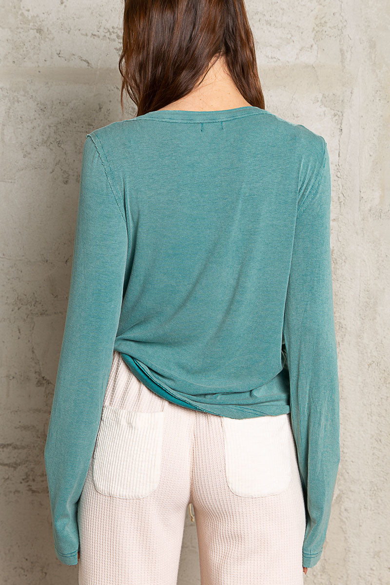 Never Late V-Neck Button Down Long Sleeve Top in Teal
