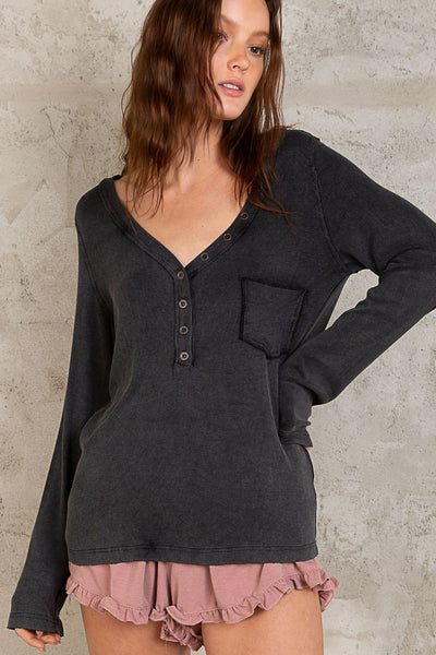 Never Late V-Neck Button Down Long Sleeve Top in Black