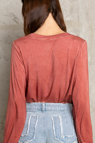 Double Down Long Sleeve Double Hem Tee in Brick Red