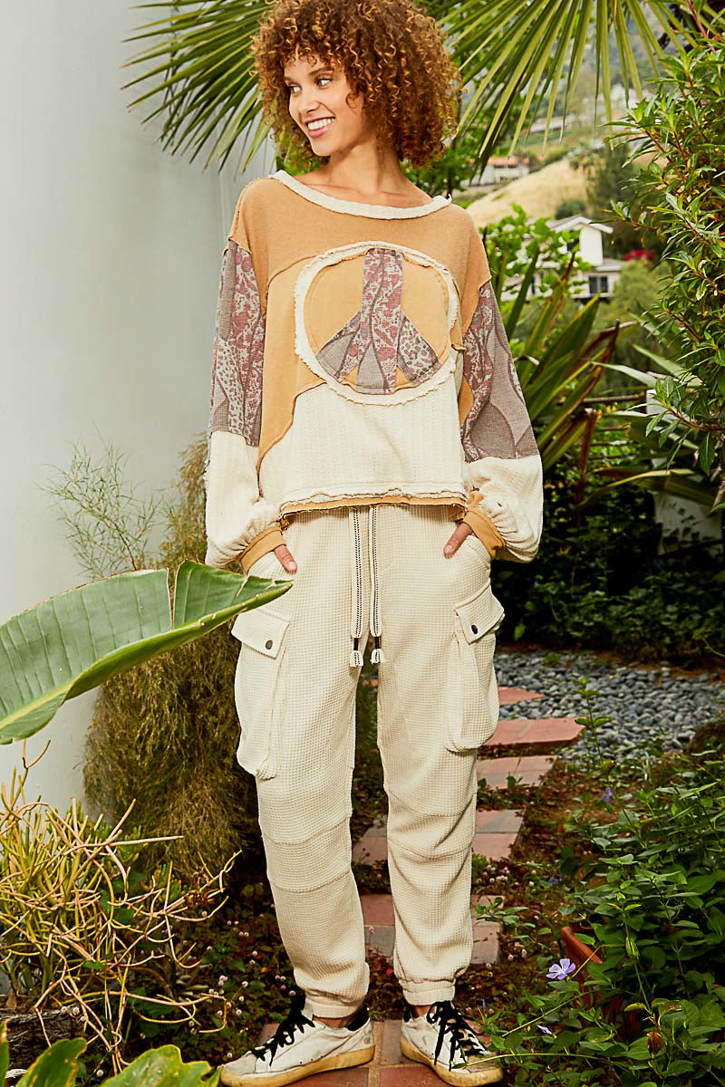 Peace and Love Long Sleeve Peace Emblem Terry Top in Latte
