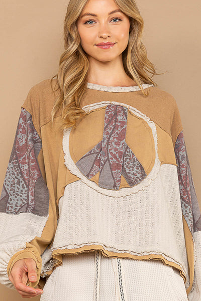 Peace and Love Long Sleeve Peace Emblem Terry Top in Latte
