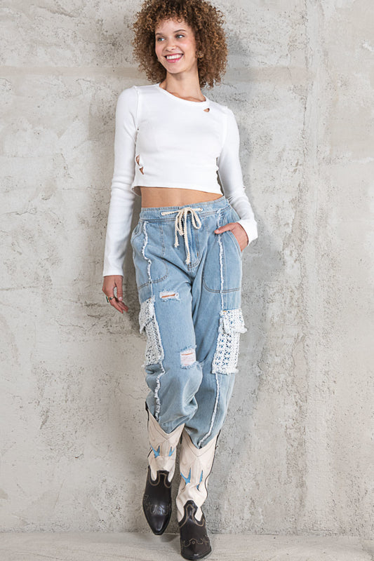 Leila Crochet Pocket Denim Joggers