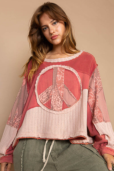 Peace and Love Long Sleeve Peace Emblem Terry Top in Red