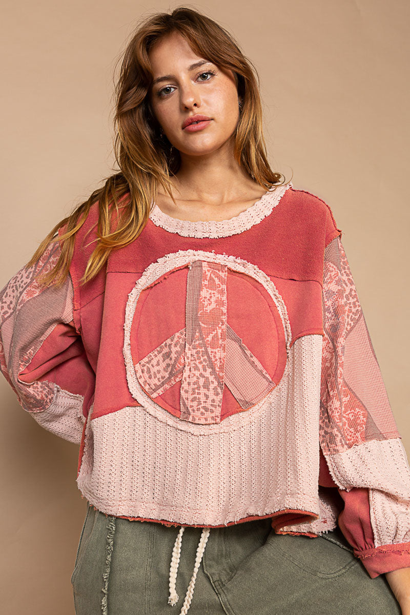 Peace and Love Long Sleeve Peace Emblem Terry Top in Red