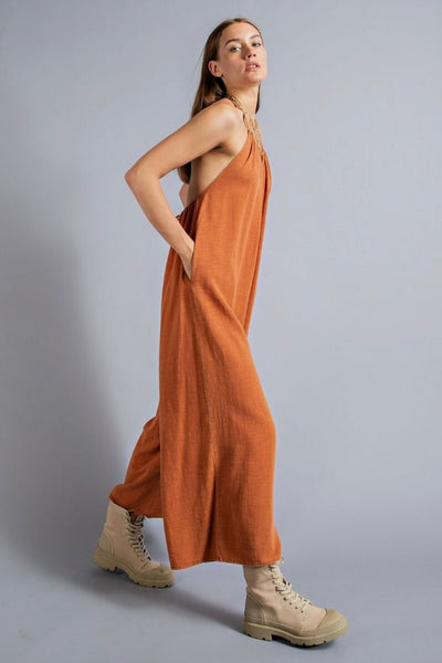 Sophia Wide Leg Washed Linen Jumpsuit in Brick