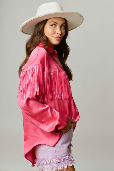 Flirty And Fringe Satin Shirt in Hot Pink