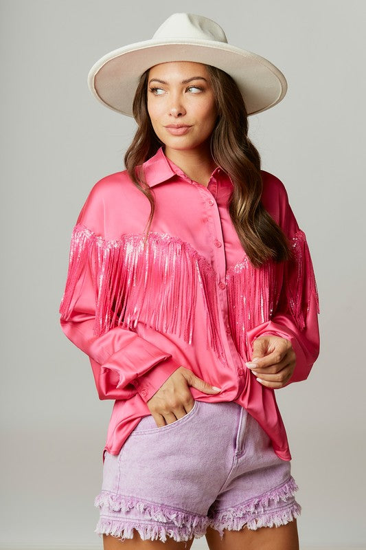 Flirty And Fringe Satin Shirt in Hot Pink