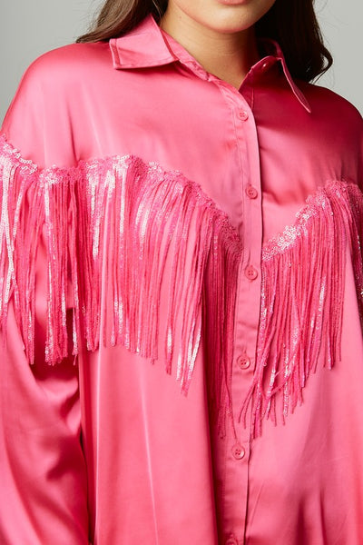 Flirty And Fringe Satin Shirt in Hot Pink